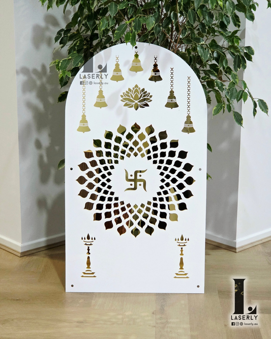 Swastika Mandir Arch - White and Mirror Gold (1000x560)