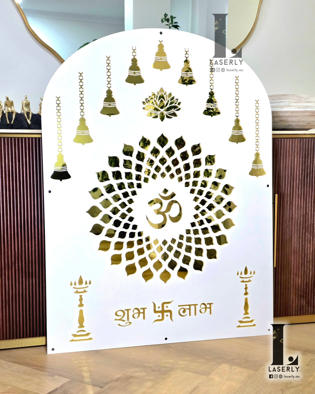 OM Mandala Mandir Arch - White and Mirror Gold (1200x800)