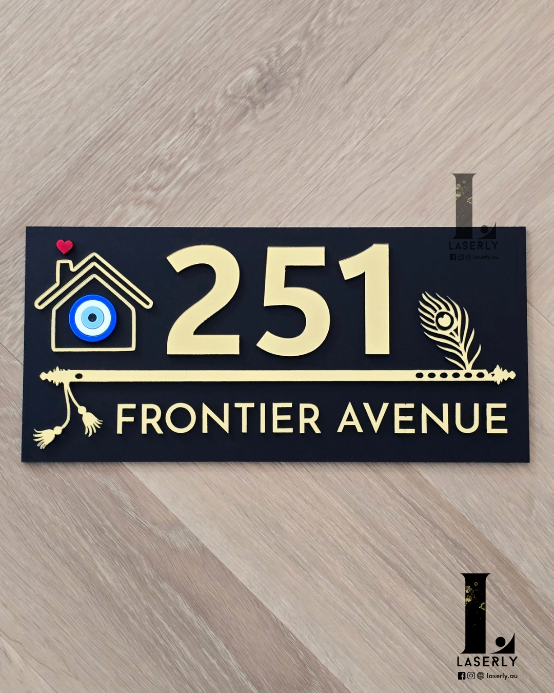 Flute House Number Sign with Evil eye (Black)