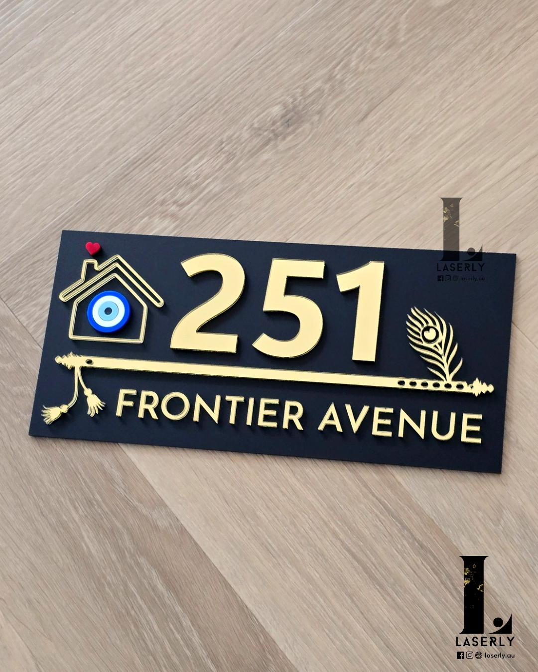 Flute House Number Sign with Evil eye (Black)