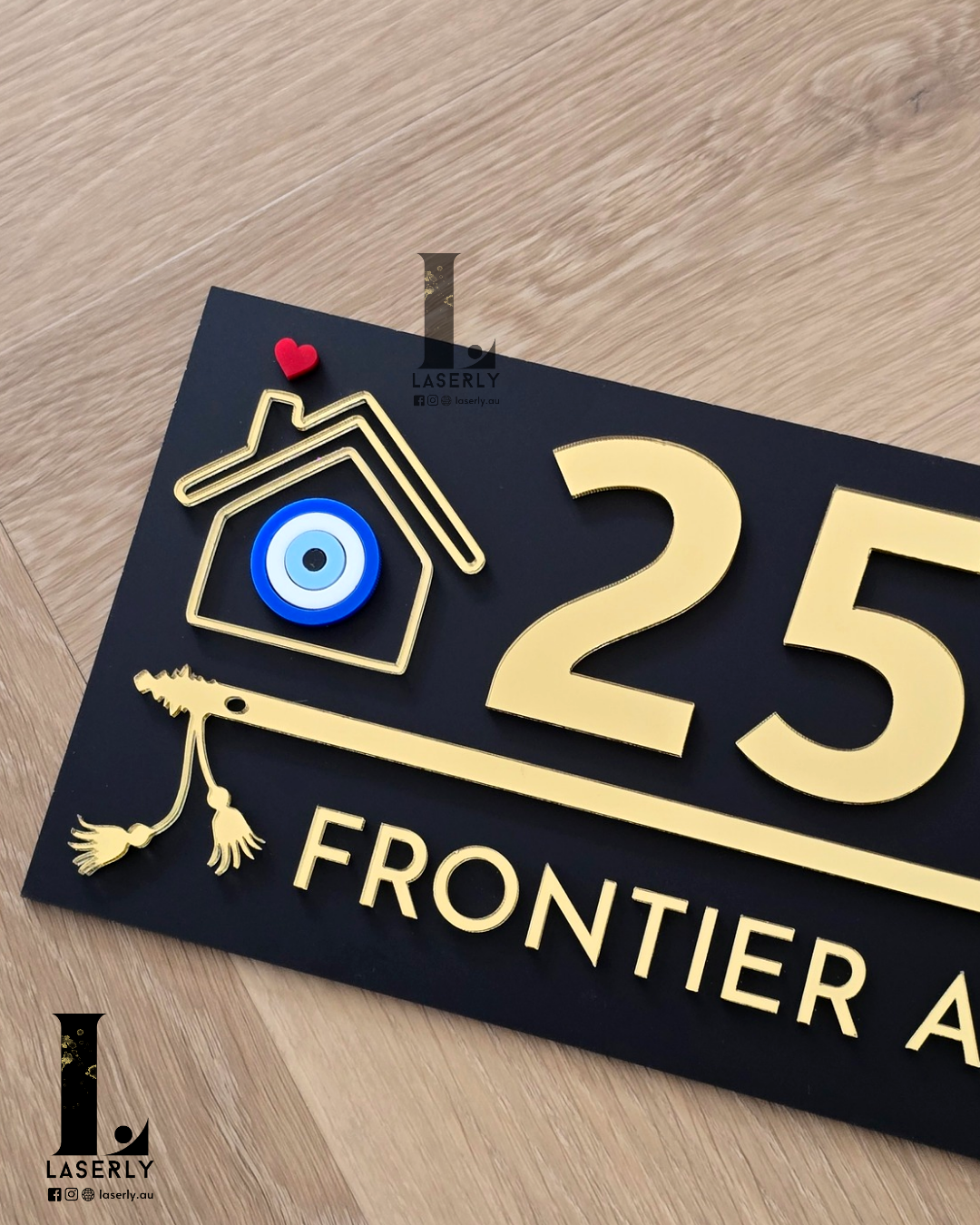 Flute House Number Sign with Evil eye (Black)