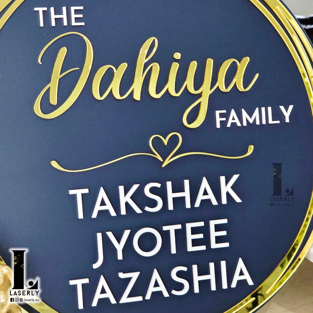 Navy blue personalized family name board crafted with elegance and durability, designed to enhance home décor with a unique family touch.