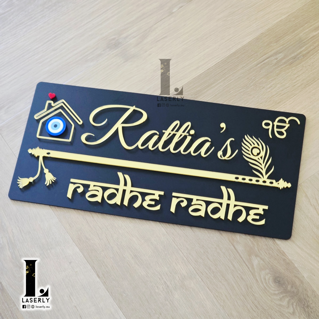 Flute House Number Sign with Evil eye (Black)
