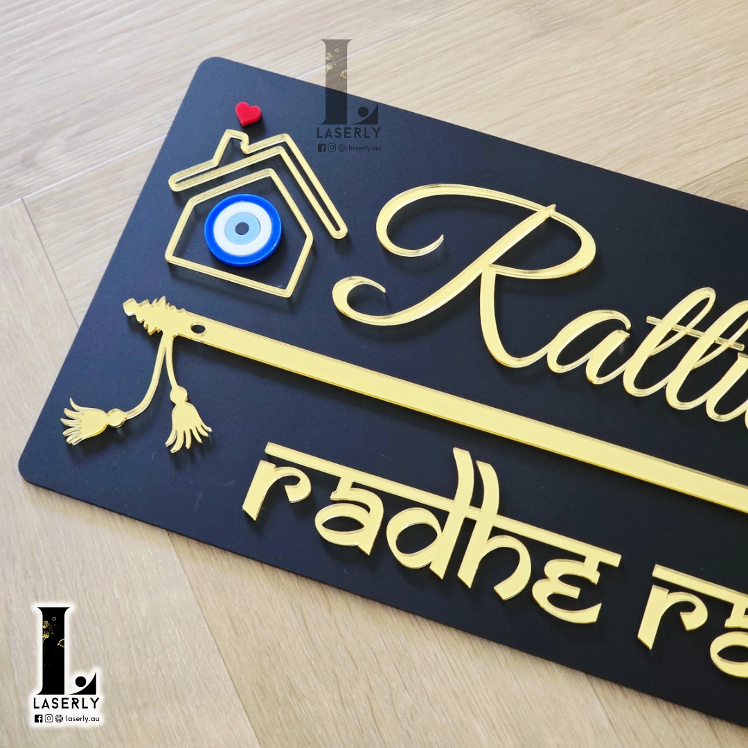 Flute House Number Sign with Evil eye (Black)