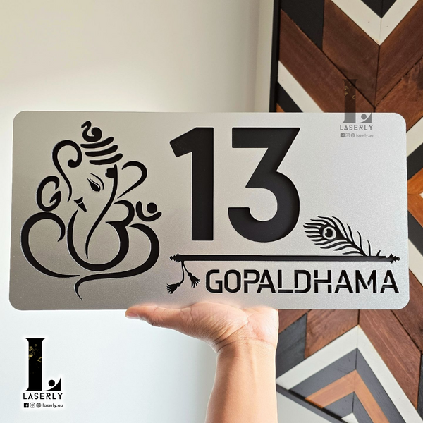 Ganesha-Krishna Flute House Number Sign (Steel Look Acrylic)