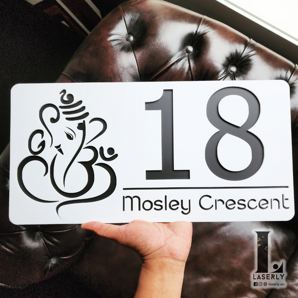 Ganesha House Number Sign (Matte white and matte black)