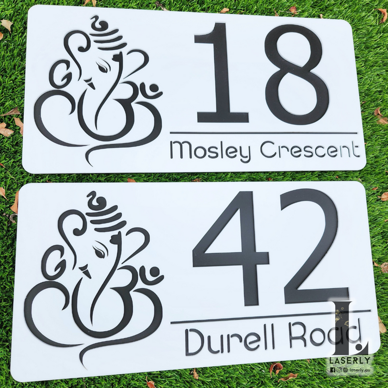 Ganesha House Number Sign (Matte white and matte black)