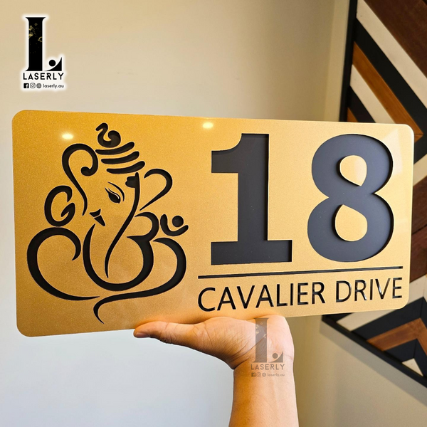 Ganesha House Number Sign (Black and Mettalic Gold)