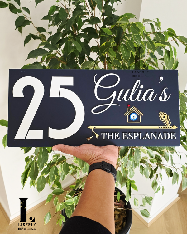 Flute House Number Sign with Evil eye (Navy Blue)
