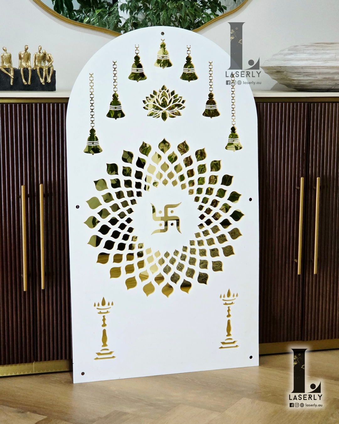 Swastika Mandir Arch - White and Mirror Gold (1000x560)