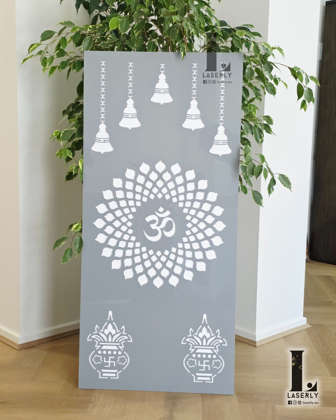 OM Mandala Mandir Laser Cut Art (Grey and White, 1100x550)