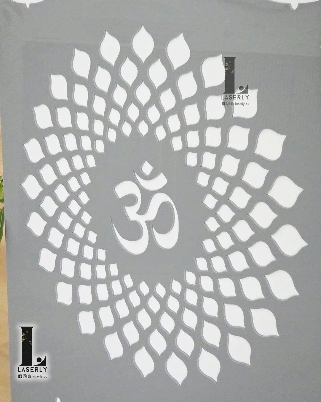 OM Mandala Mandir Laser Cut Art (Grey and White, 1100x550)
