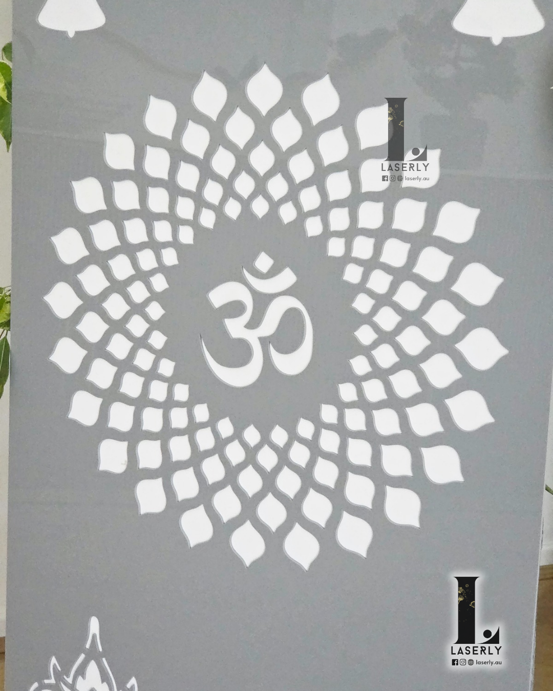 OM Mandala Mandir Laser Cut Art (Grey and White, 1100x550)
