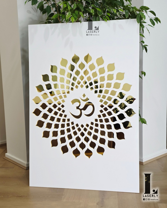 OM Mandir Panel - White and Mirror Gold (1200x800)