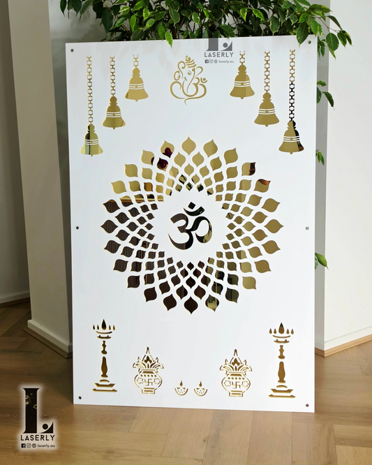 OM - Ganesha Mandir Panel - White and Mirror Gold (1200x800)