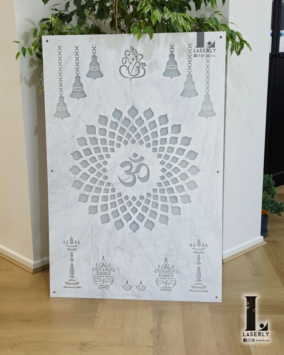 OM - Ganesha Mandir Panel - Marble and Frosted Acrylic (1200x800)