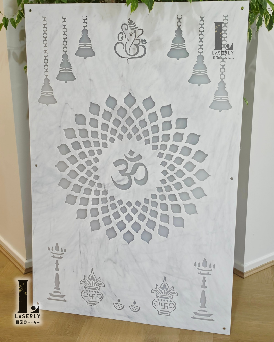 OM - Ganesha Mandir Panel - Marble and Frosted Acrylic (1200x800)