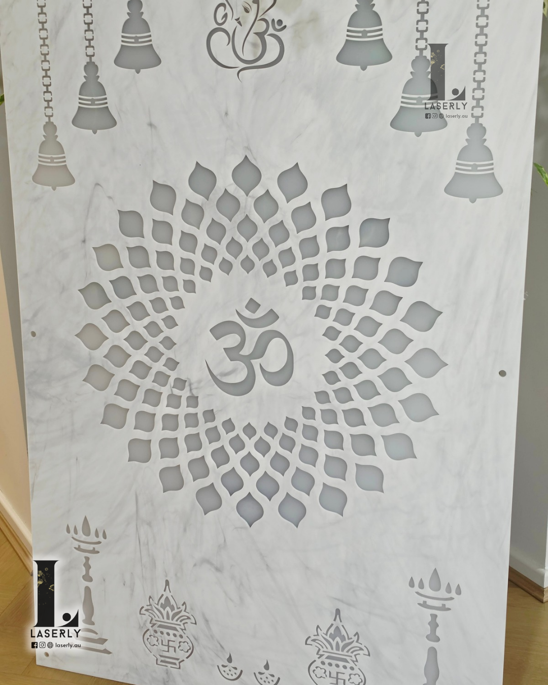 OM - Ganesha Mandir Panel - Marble and Frosted Acrylic (1200x800)
