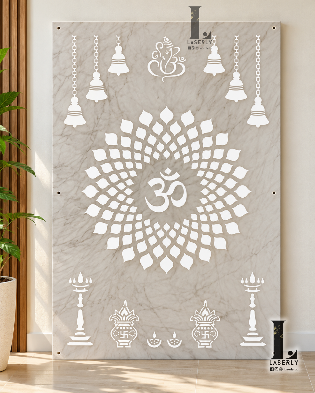 OM - Ganesha Mandir Panel - Marble and Frosted Acrylic (1200x800)