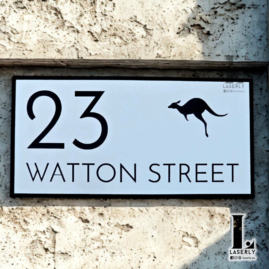 Acrylic house number sign featuring a kangaroo design mounted beside a front door.