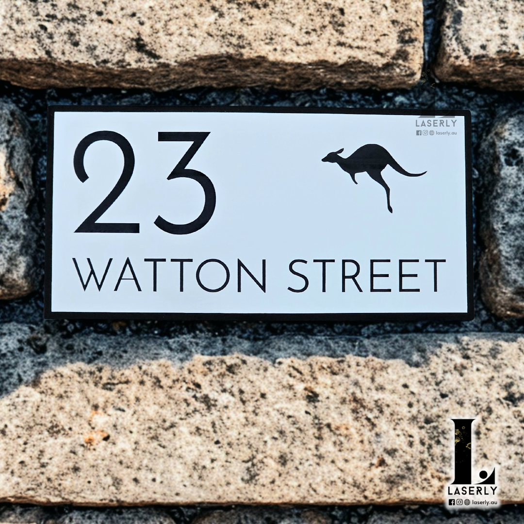 Front door acrylic house number sign with laser-cut kangaroo design.