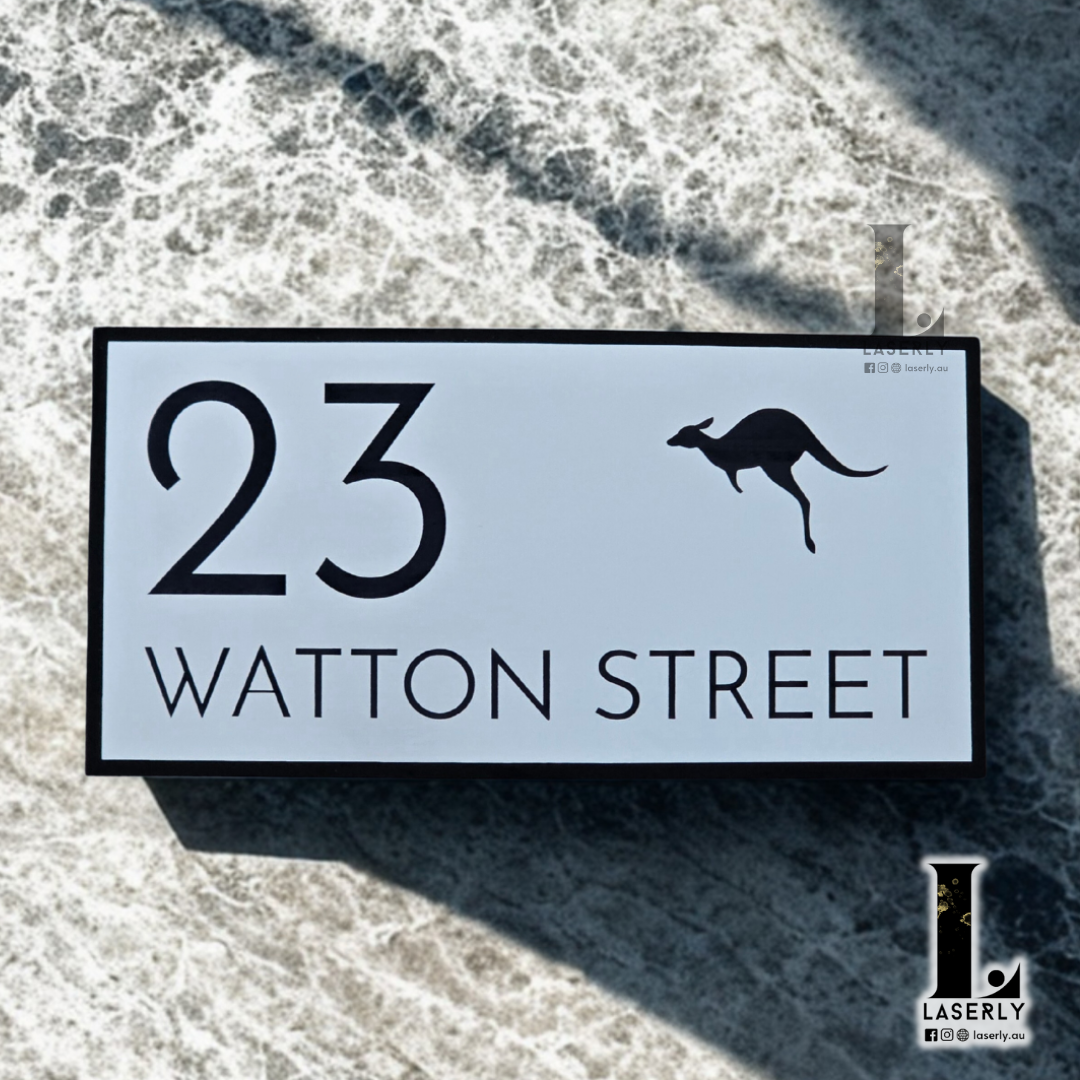 Elegant acrylic kangaroo house number sign for modern home entrance.