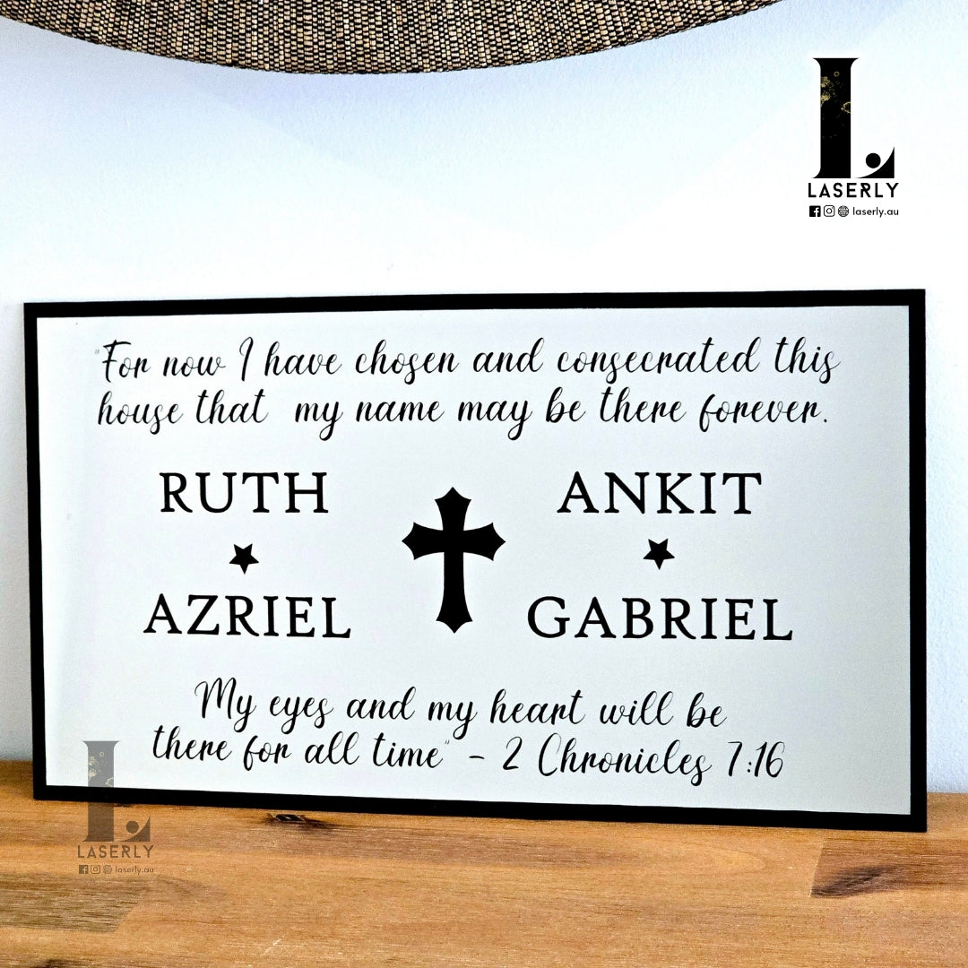 Christian verse house number sign featuring engraved Bible scripture and custom address details.