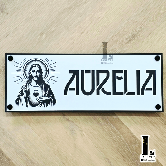 Personalised acrylic Jesus house name sign mounted beside a modern front door with elegant laser-cut detailing.