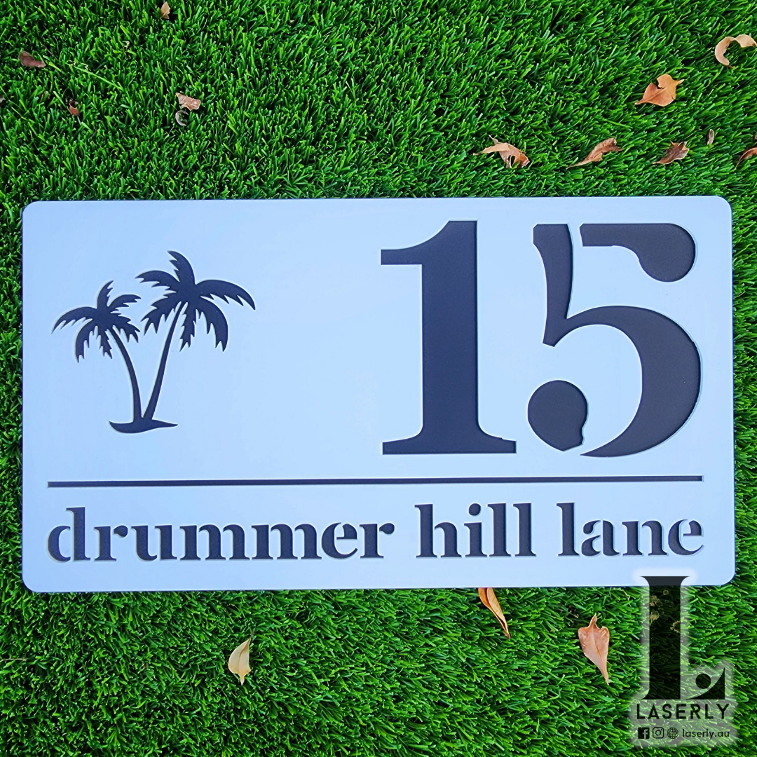 Personalized palm-themed acrylic house number sign for exterior walls.