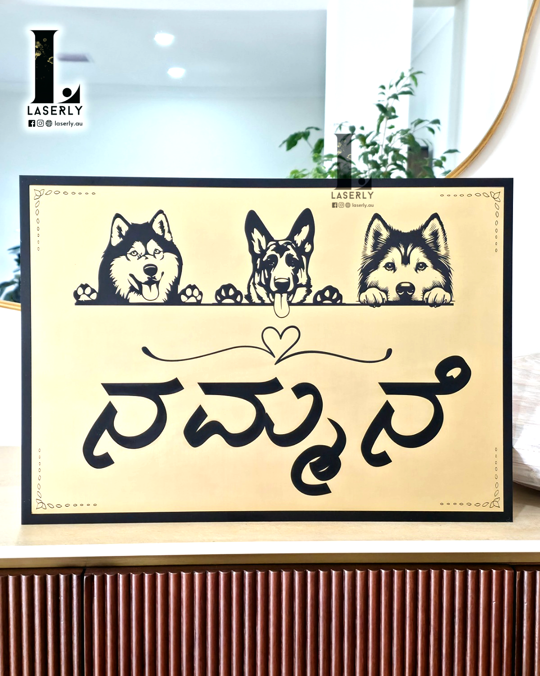 Dog lover house name sign mounted beside front door with personalised lettering.