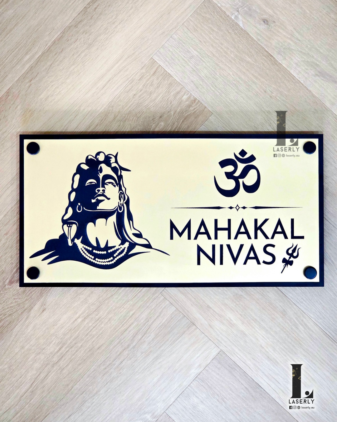 Elegant Indian house signs with a Lord Shiva Engraved Plaque, crafted in premium black and gold acrylic, perfect for stylish and spiritual home exteriors.