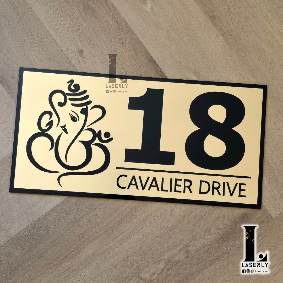 Minimalist Ganesha-inspired house number sign in premium acrylic finish.