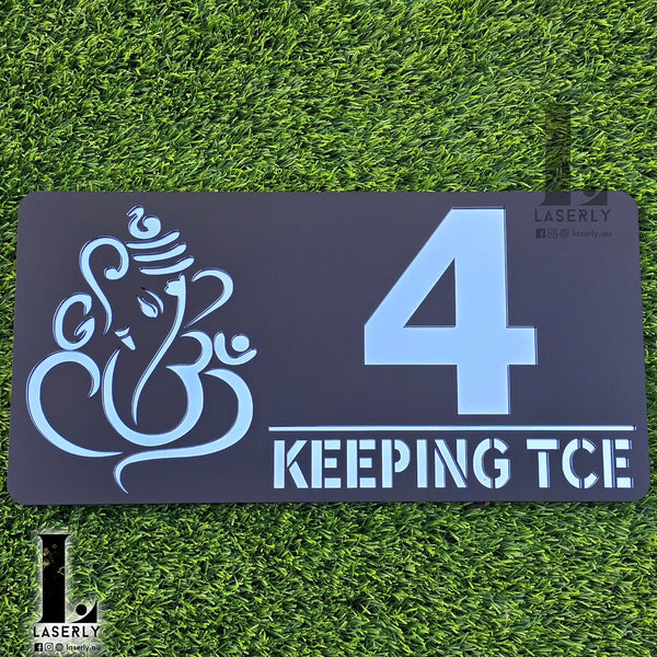 Ganesha House Number Sign (Black and Silver mirror)