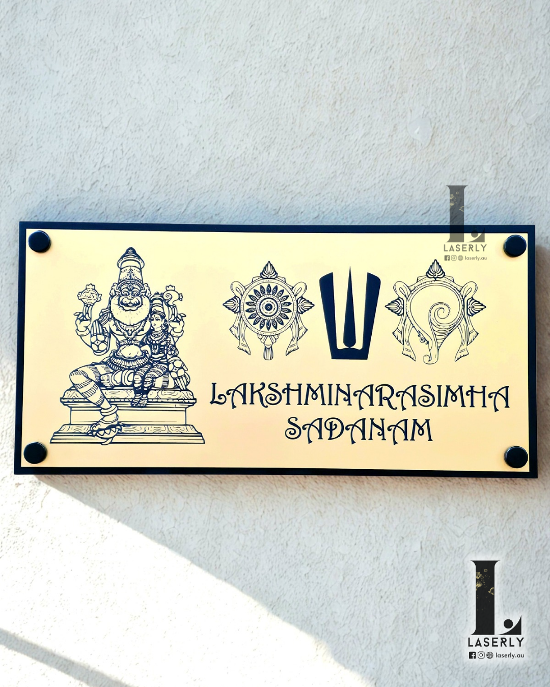 Lakshmi Narasimha house name sign crafted in premium acrylic with intricate divine detailing.