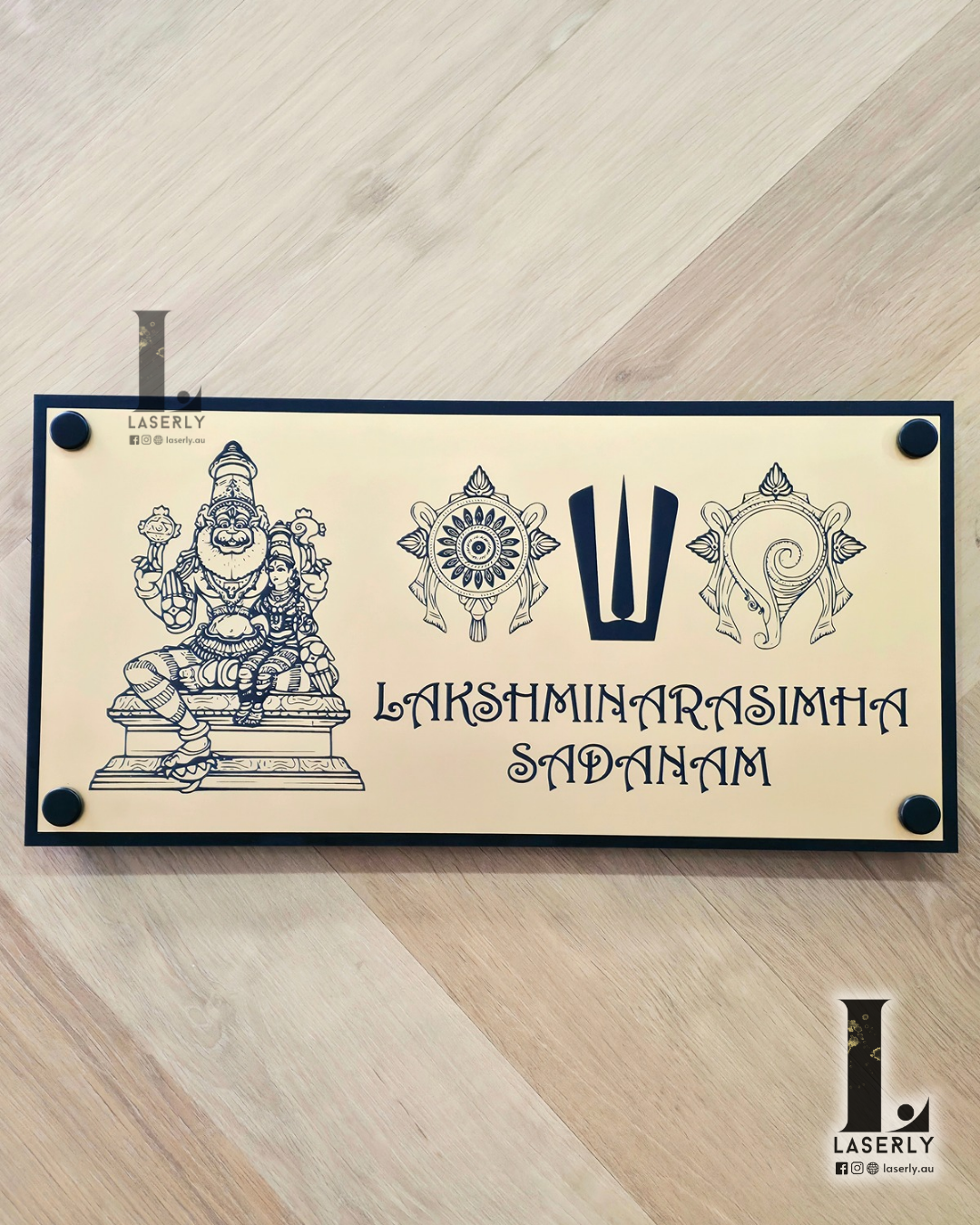 Elegant Lakshmi Narasimha house name plaque with traditional spiritual design.