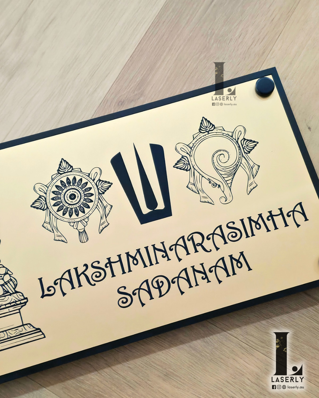 Premium acrylic Lakshmi Narasimha home name sign with glossy layered effect.