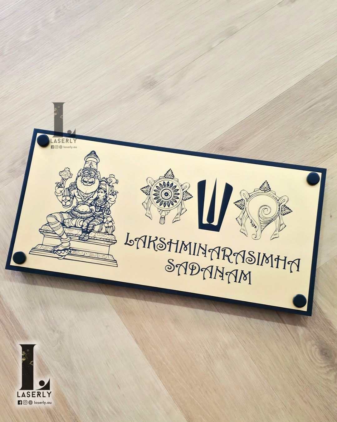 Custom house name plate featuring Lakshmi Narasimha motif for exterior décor.