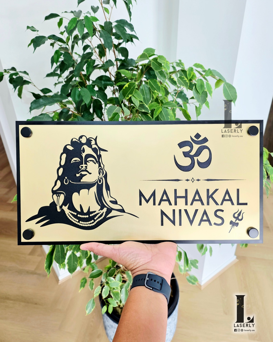 Lord Shiva Engraved Plaque in acrylic gold and black finish, designed as timeless Indian house signs to enhance visibility, charm, and modern home design.