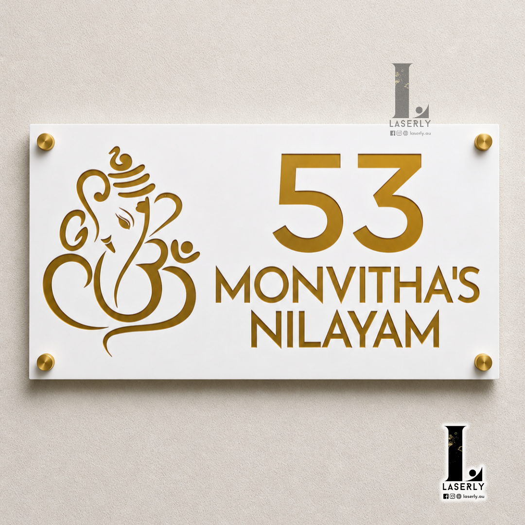 Ganesha House Number Sign (White and Gold)