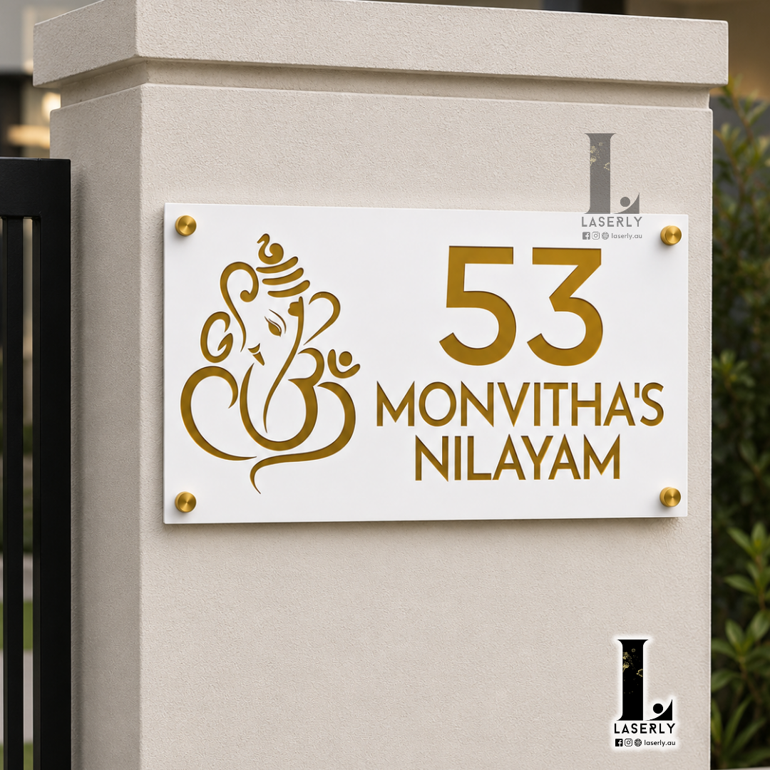 Ganesha House Number Sign (White and Gold)