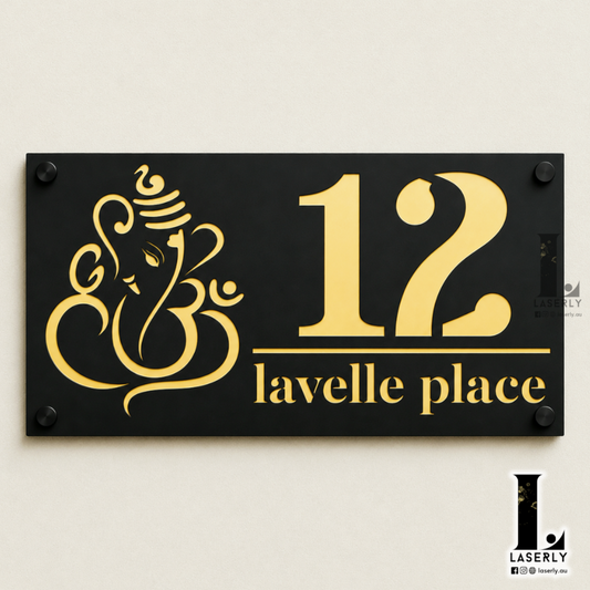 Ganesha House Number Sign (Black and Mirror Gold)