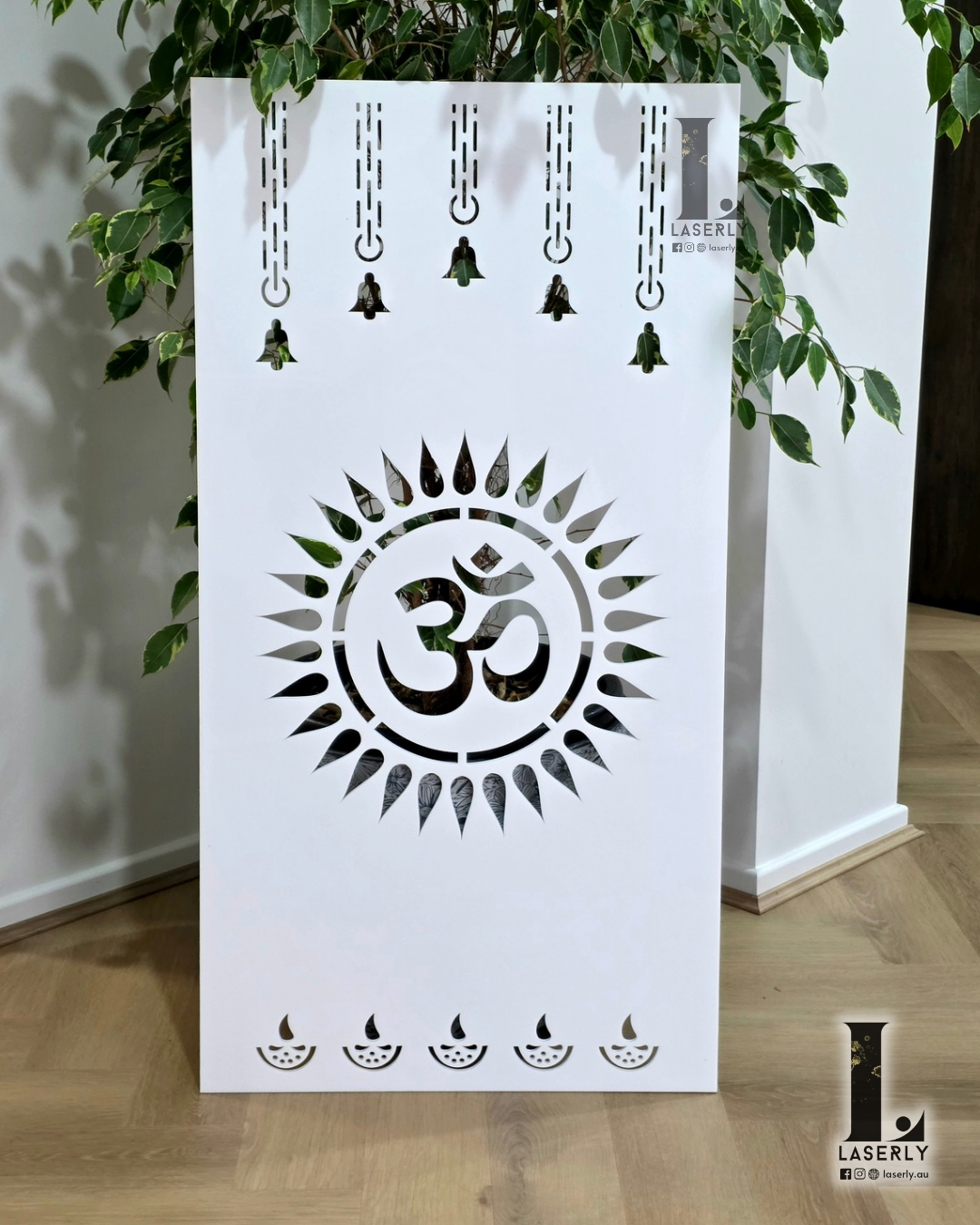 Personalized mandir acrylic design with OM Mandala engraving