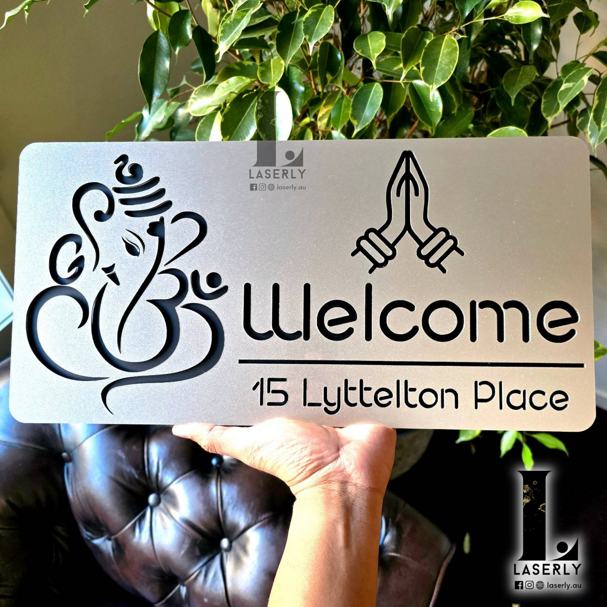 Contemporary Ganesha house number sign made from durable steel-look acrylic.