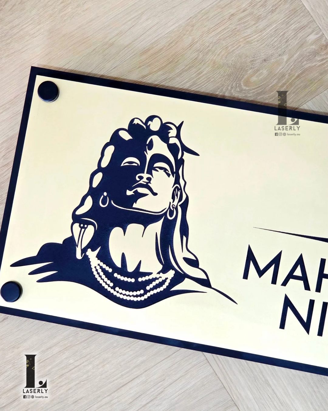 Stylish Indian house signs featuring Lord Shiva Engraved Plaque in black and gold acrylic, designed for durability, elegance, and spiritual home entrances.
