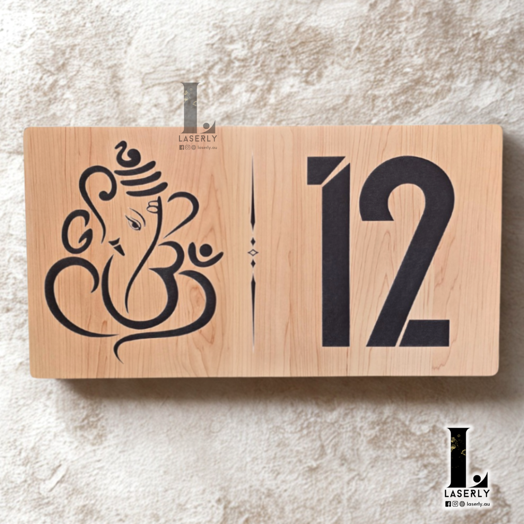 Modern wooden-style Ganesha house number sign mounted beside the front door, featuring intricate design details.