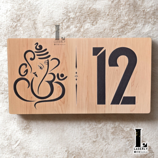 Modern wooden-style Ganesha house number sign mounted beside the front door, featuring intricate design details.