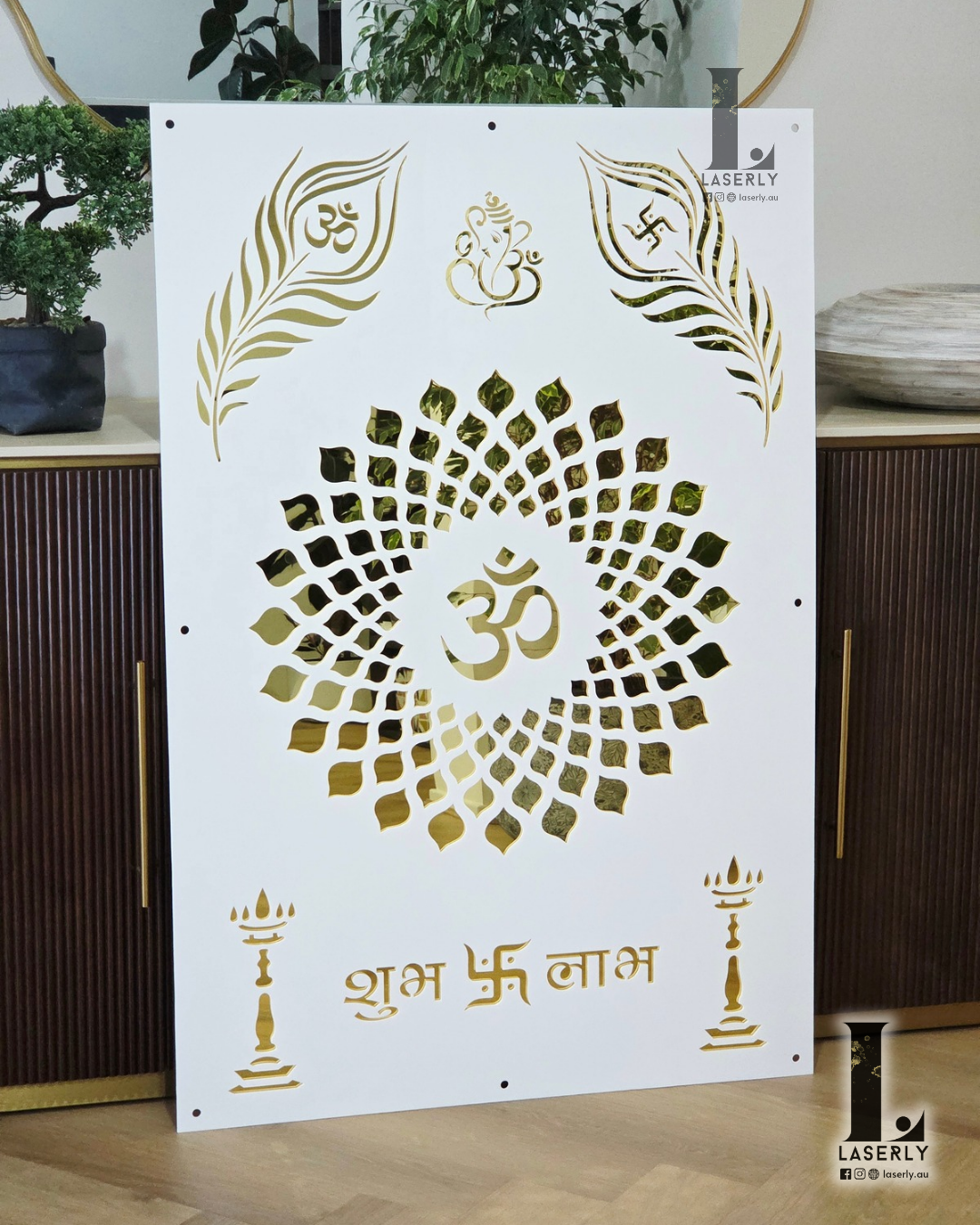 acrylic mandir signboard with detailed cutwork