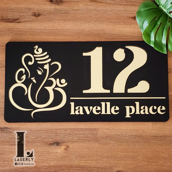 Ganesha House Number Sign (Black and Mirror Gold)