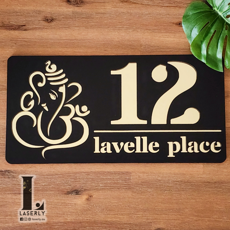 Ganesha House Number Sign (Black and Mirror Gold)